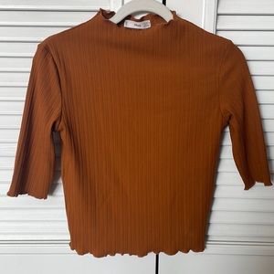 MNG Golden Orange Mock Neck Lettuce Edge Top